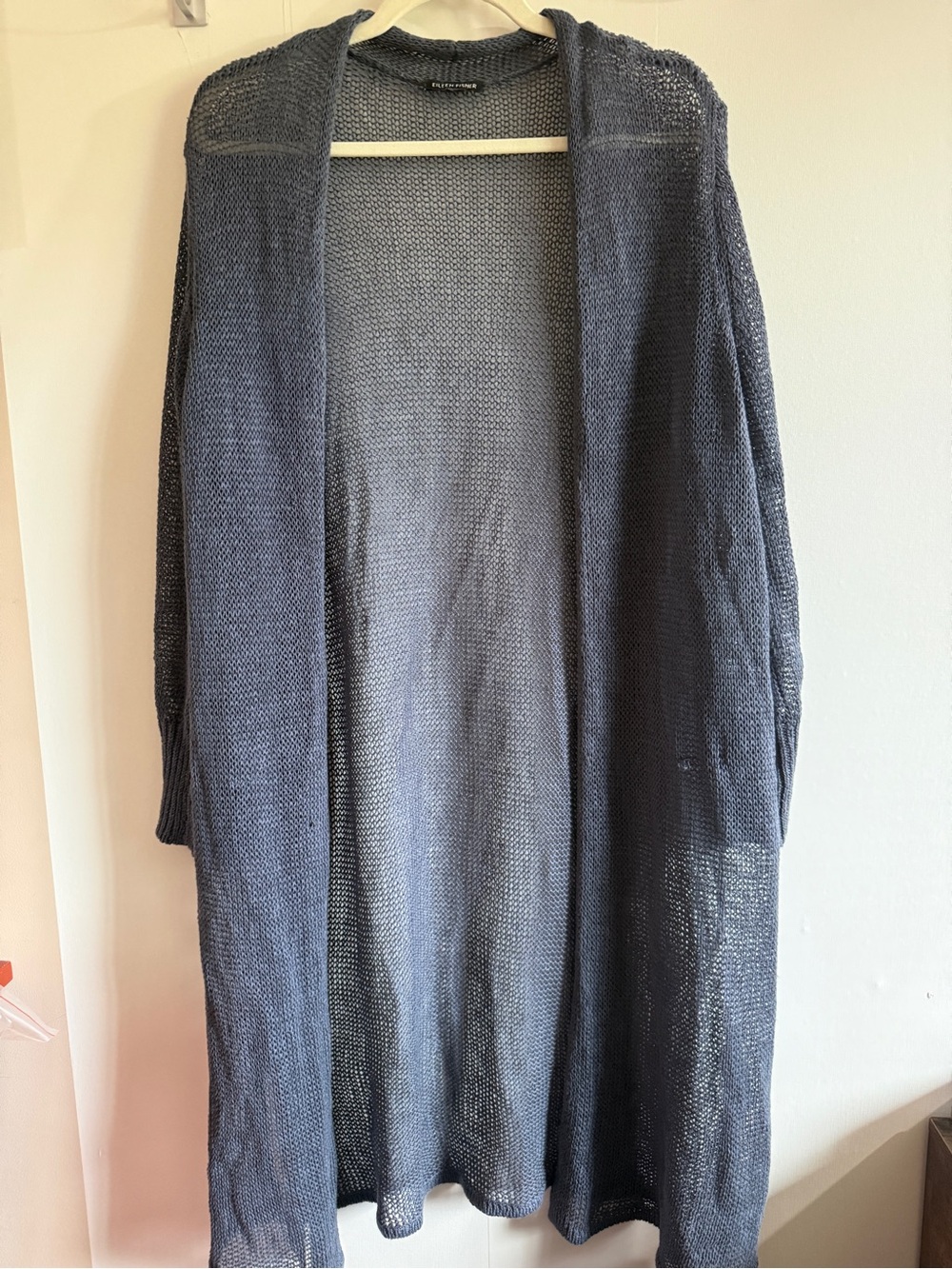 Eileen Fisher Organic Linen Cotton Open Knit Long Cardigan Gray Duster XL